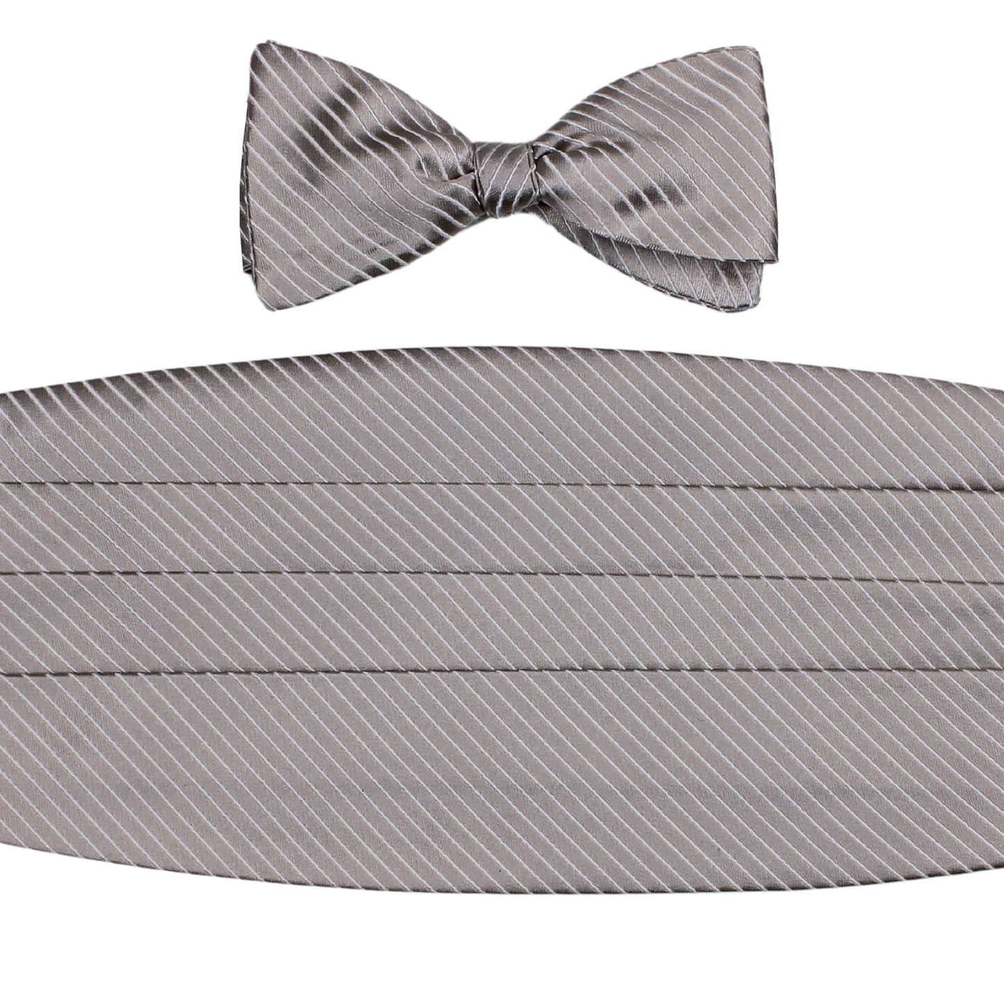 Silver Diagonal Stripe Satin Bowtie & Cummerbund Set