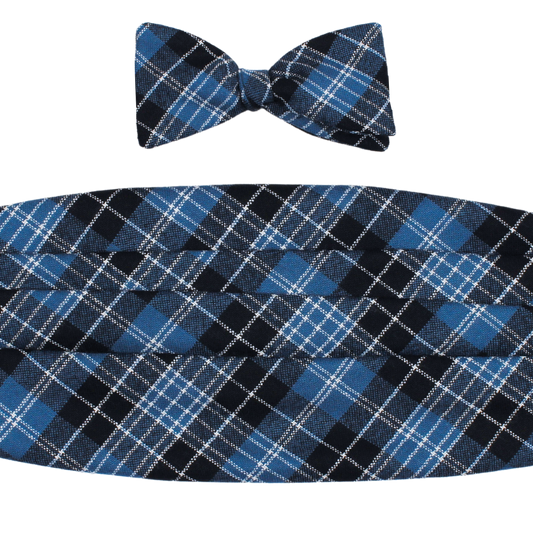 Blue Clark Woven Tartan Bowtie & Cummerbund Set