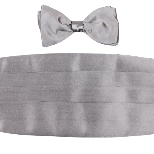 Silver Satin Solid Bowtie & Cummerbund Set