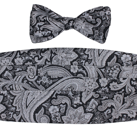 Silver Woven Paisley Bowtie & Cummerbund Set