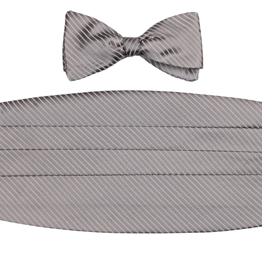 Silver Diagonal Stripe Satin Bowtie & Cummerbund Set